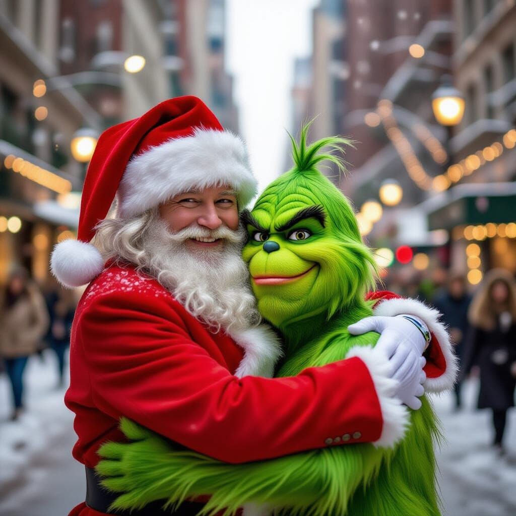 Joyful Person Hugs Grinch in Snowy NYC Christmas Scene