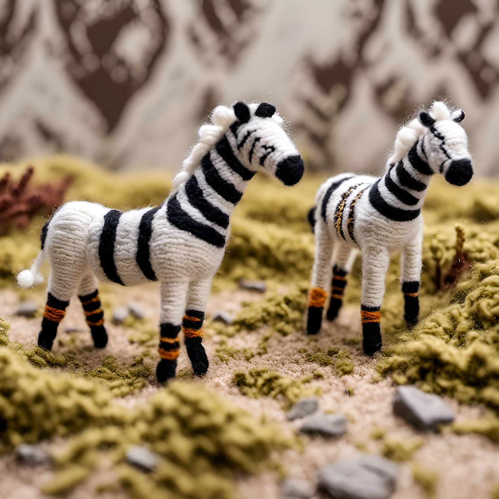 Yarn-Textured Zebras: A Crafted Wildlife Scene