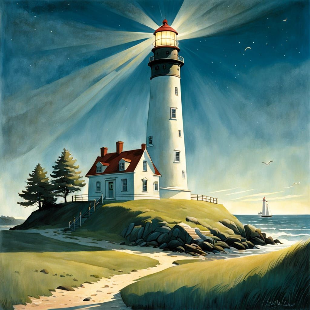 Beautiful Lighthouse in Van Allsburg Style