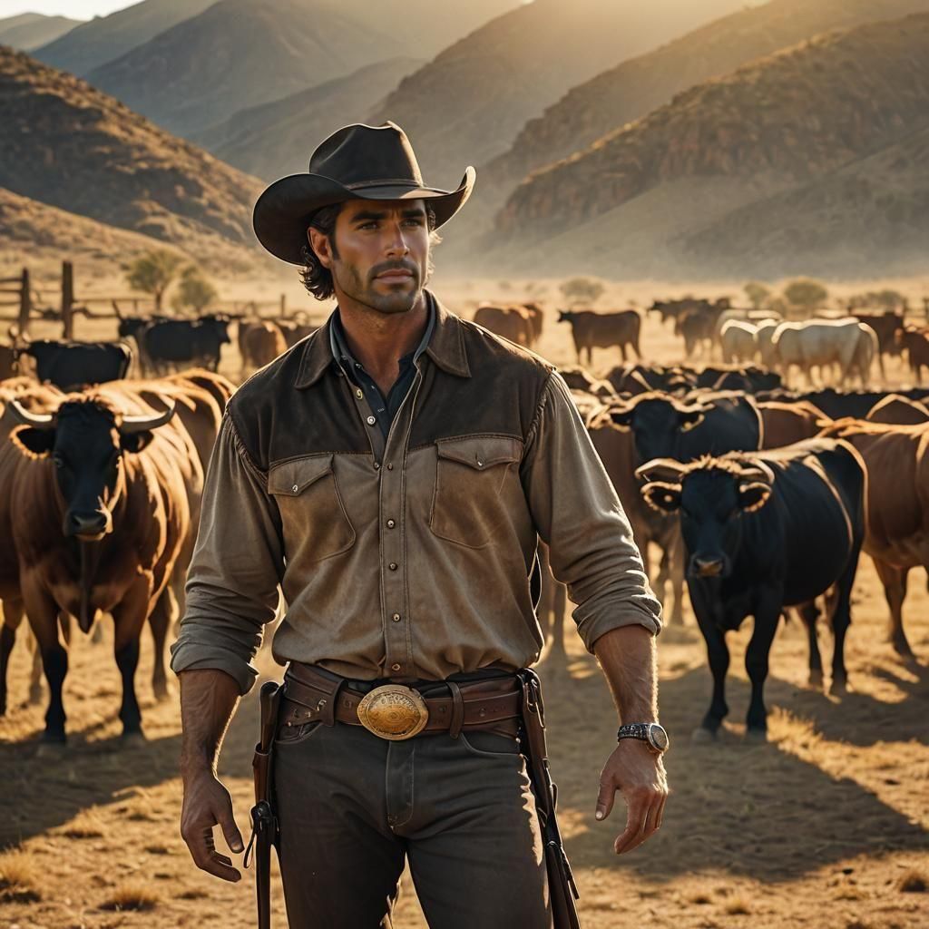 Handsome Cowboy on a Ranch with Cows