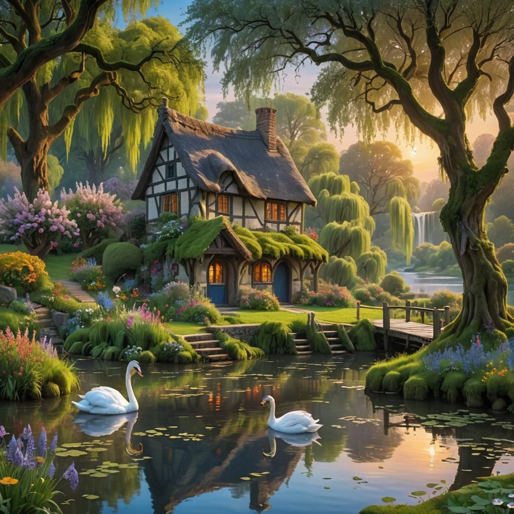 Medieval Cottage Sunset: Fantasy Landscape Painting
