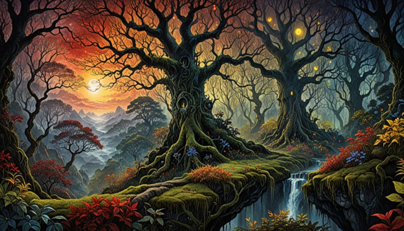 Surreal Misty Forest Garden with Watching Eyes