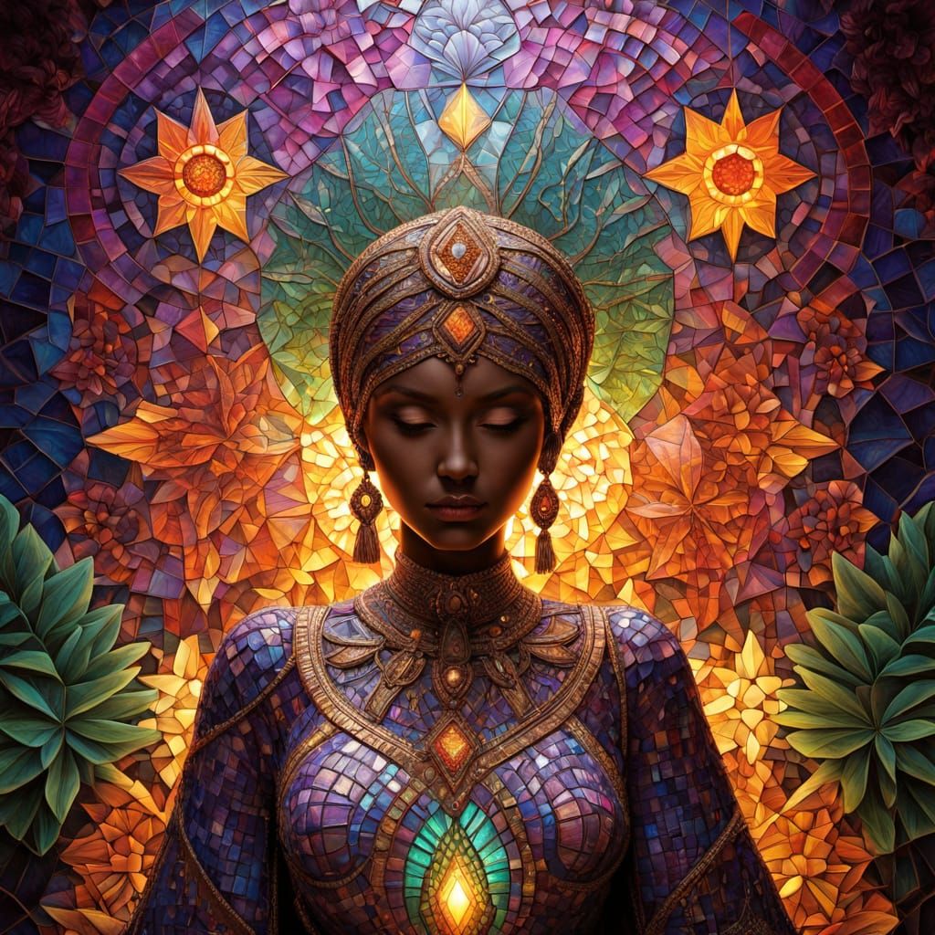 Radiant Woman Mosaic in Lush Jungle