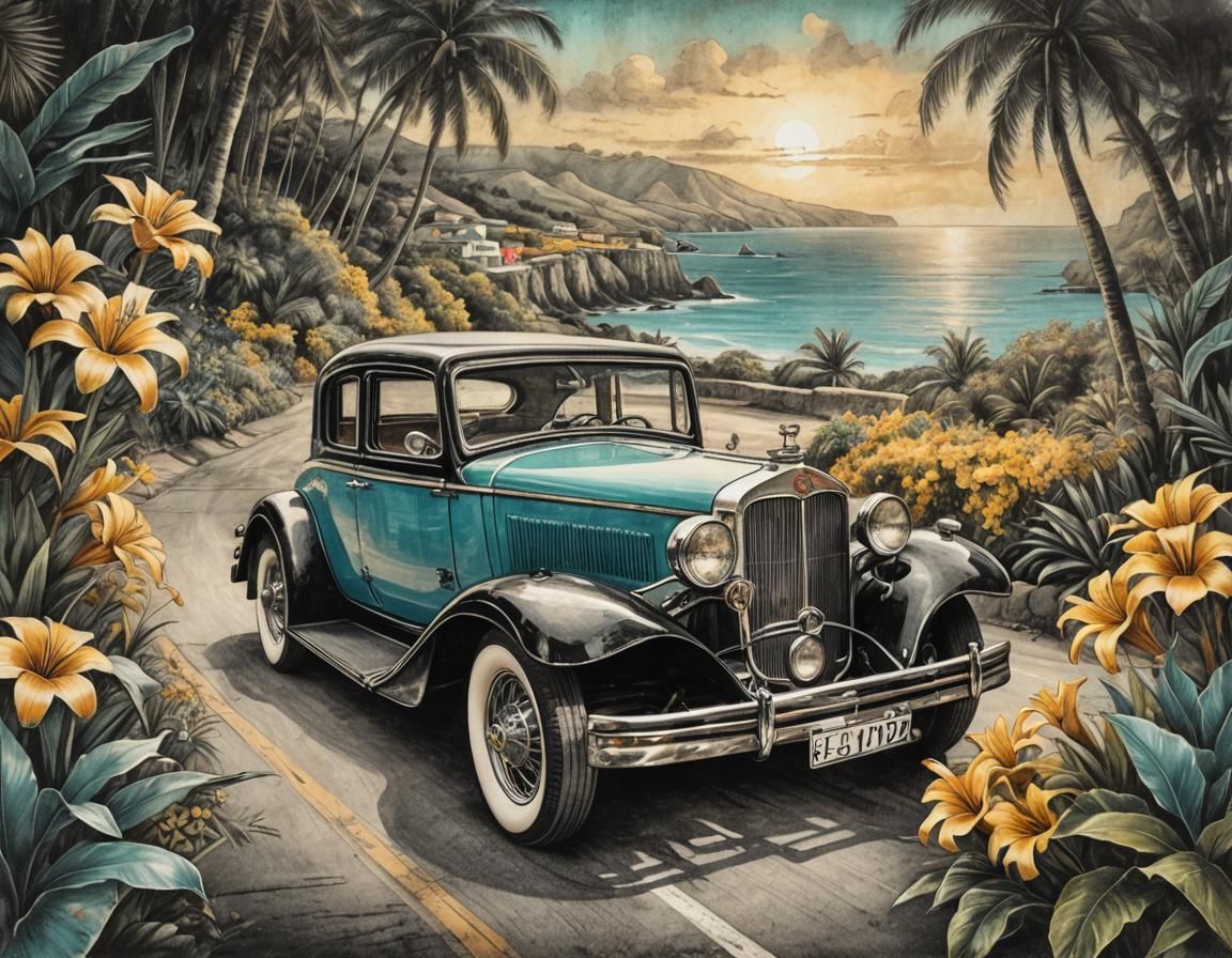 Antique Car on Coastal Road: Mixed Media Art