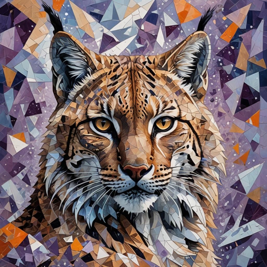 Eurasian Lynx Portrait in Cubist Mosaic Style