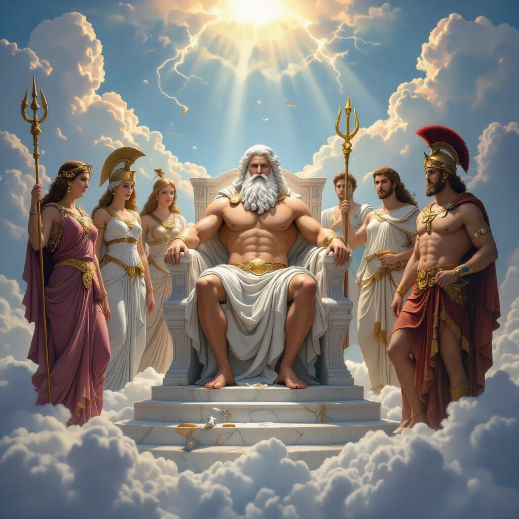 Zeus and the Olympians on Mount Olympus at Sunset