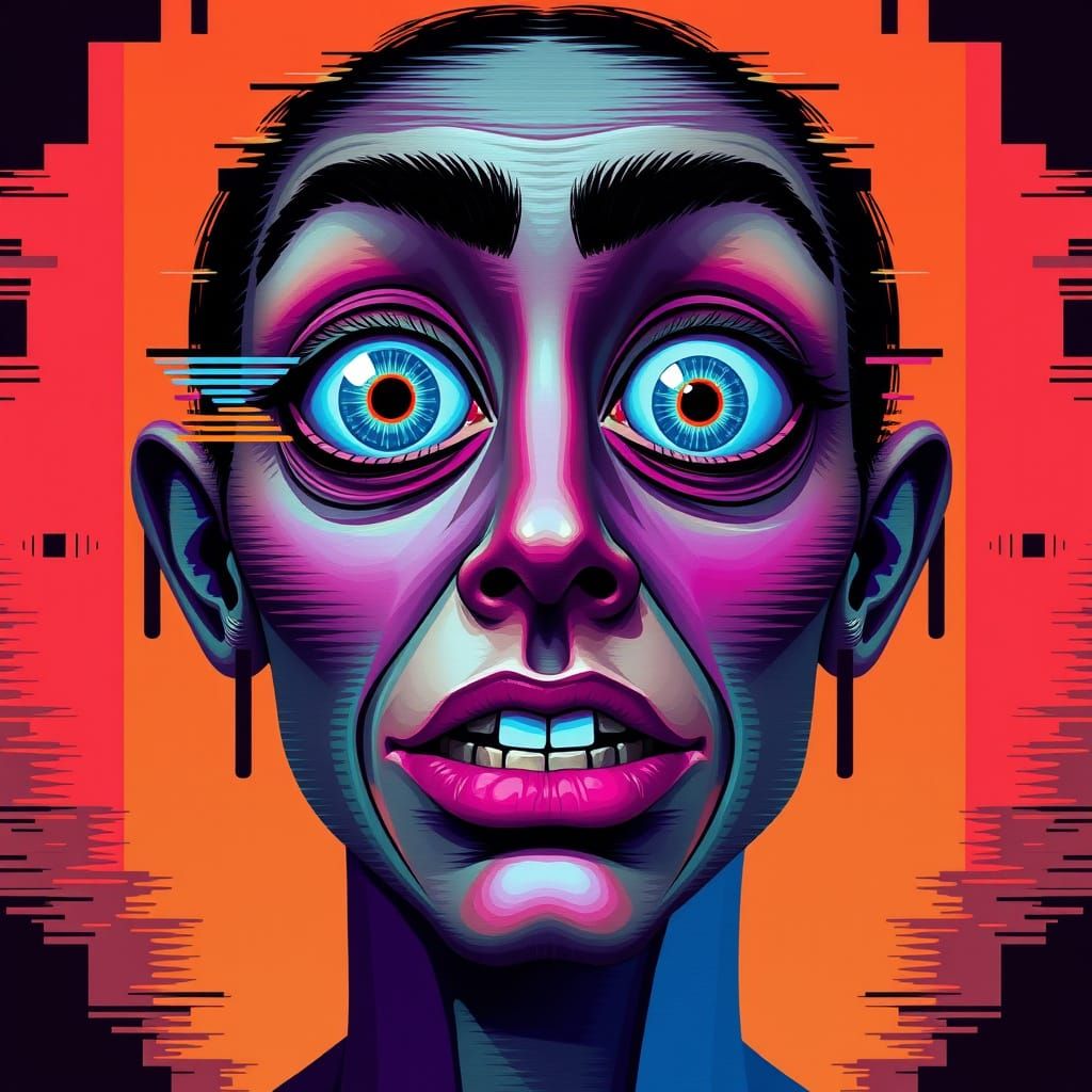 Distorted Glitch Portrait with Bauhaus Geometric Elements