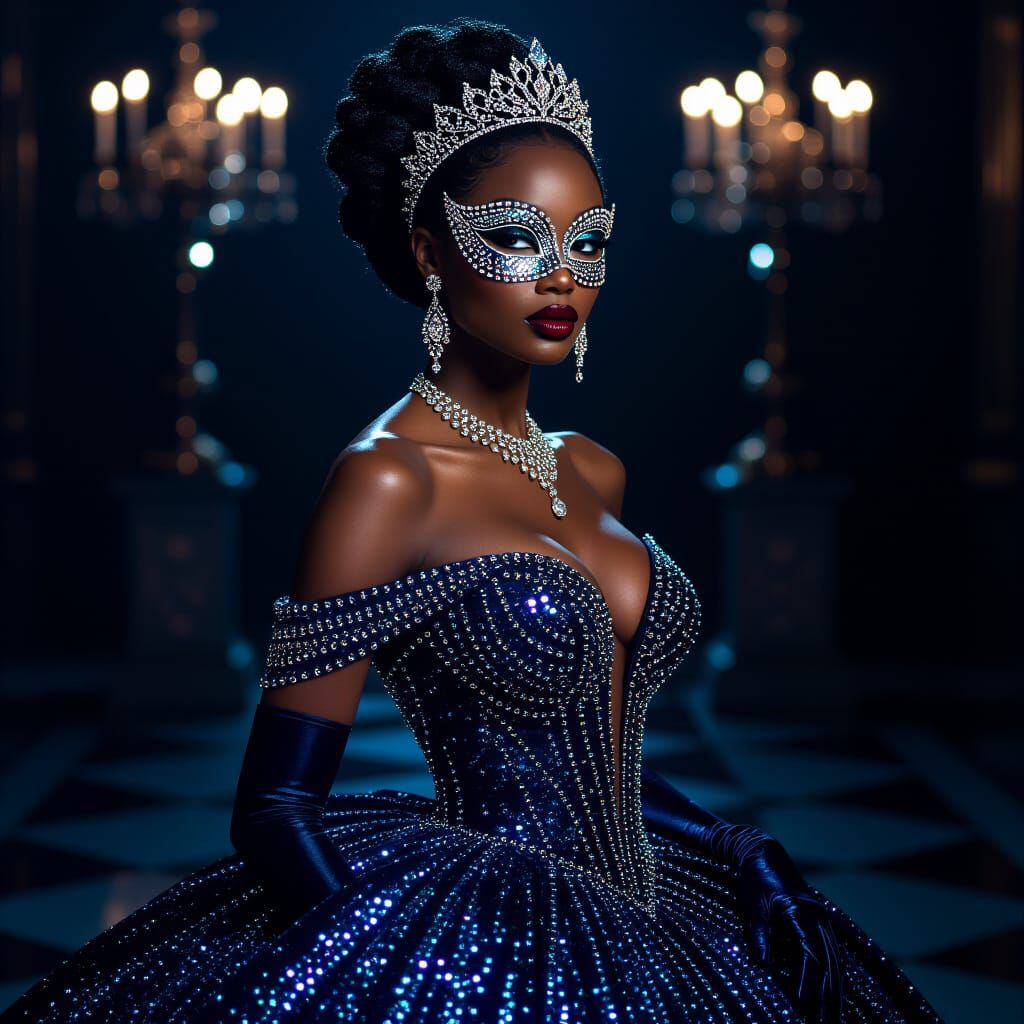 African American Woman in Rhinestone Gown at Masquerade Ball