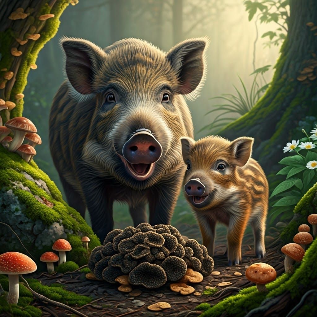 Wild Pigs and Mushrooms in a Forest Glade