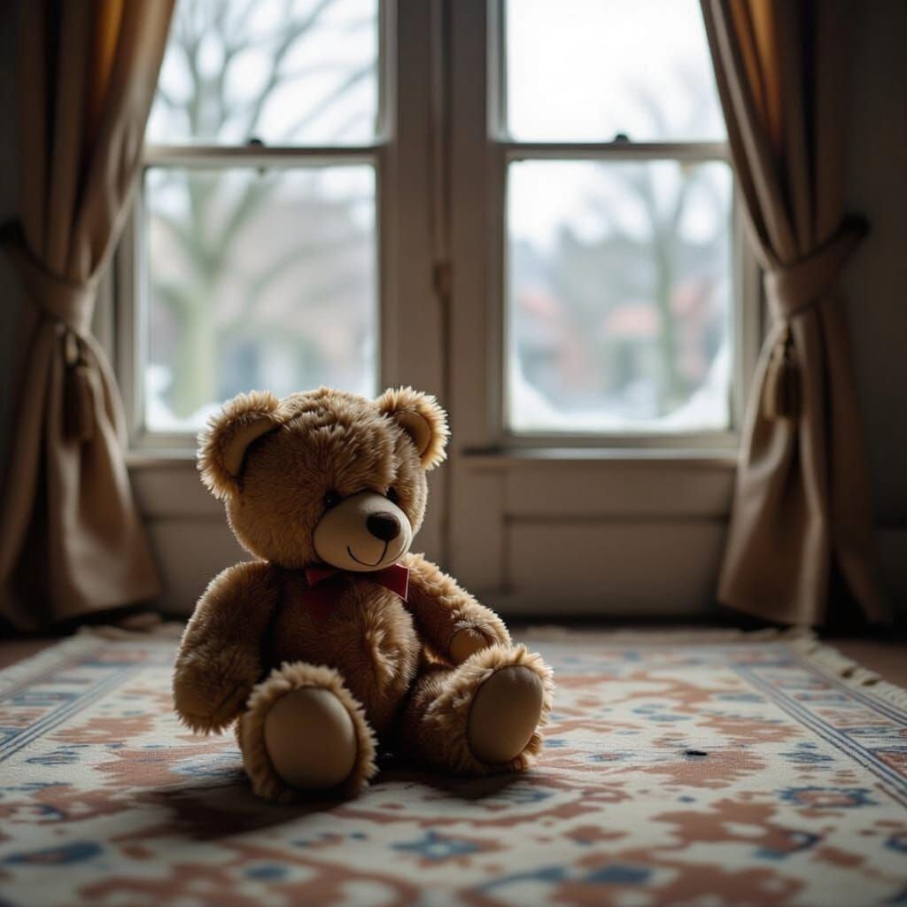 Dusty Teddy Bear in Dim Light, Cinematic Matte Painting