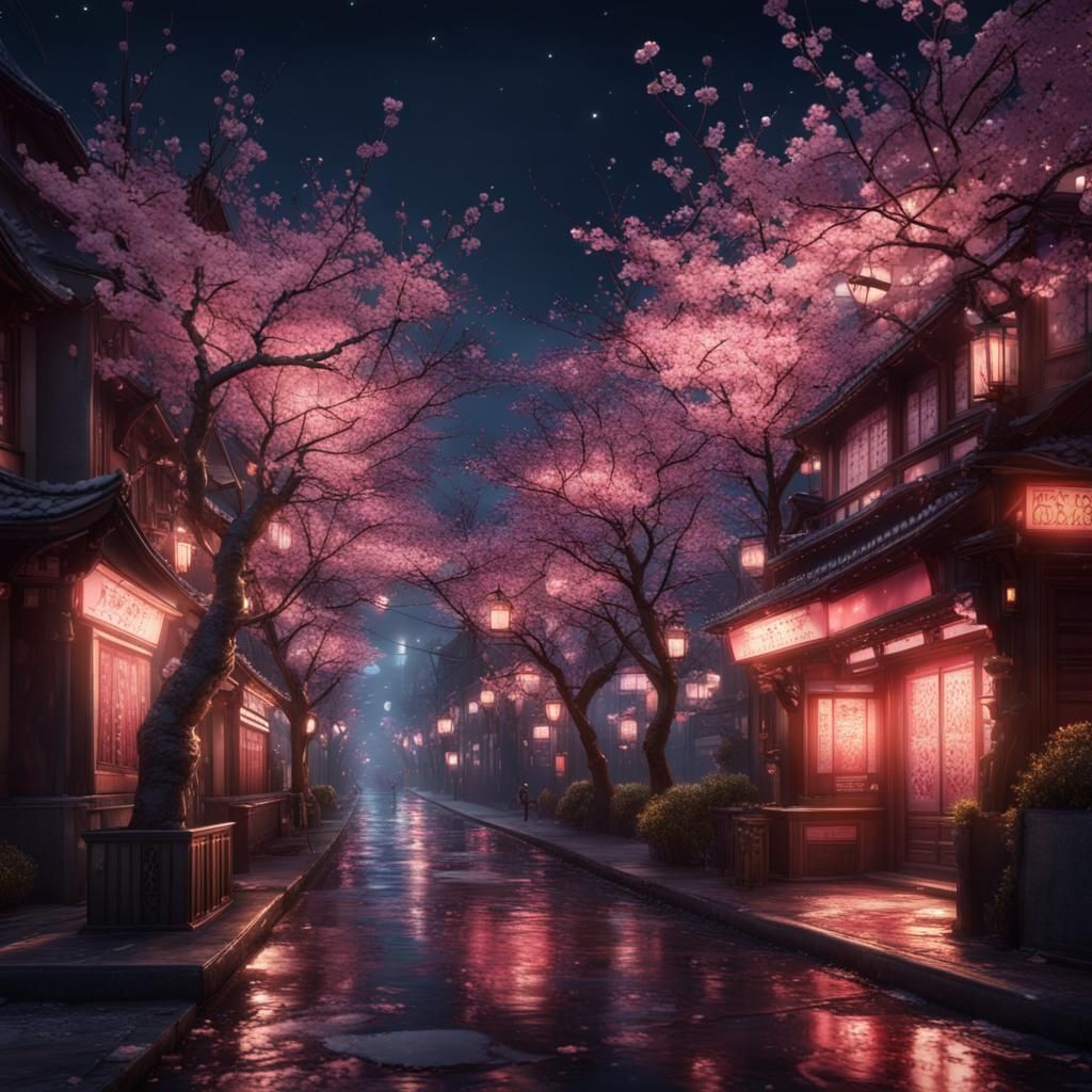 Cherry Blossom Street at Night: Detailed Matte Painting