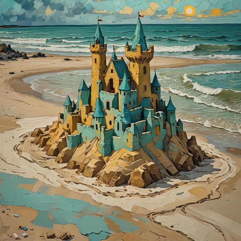 Sandcastle on Beach as Impressionist Painting