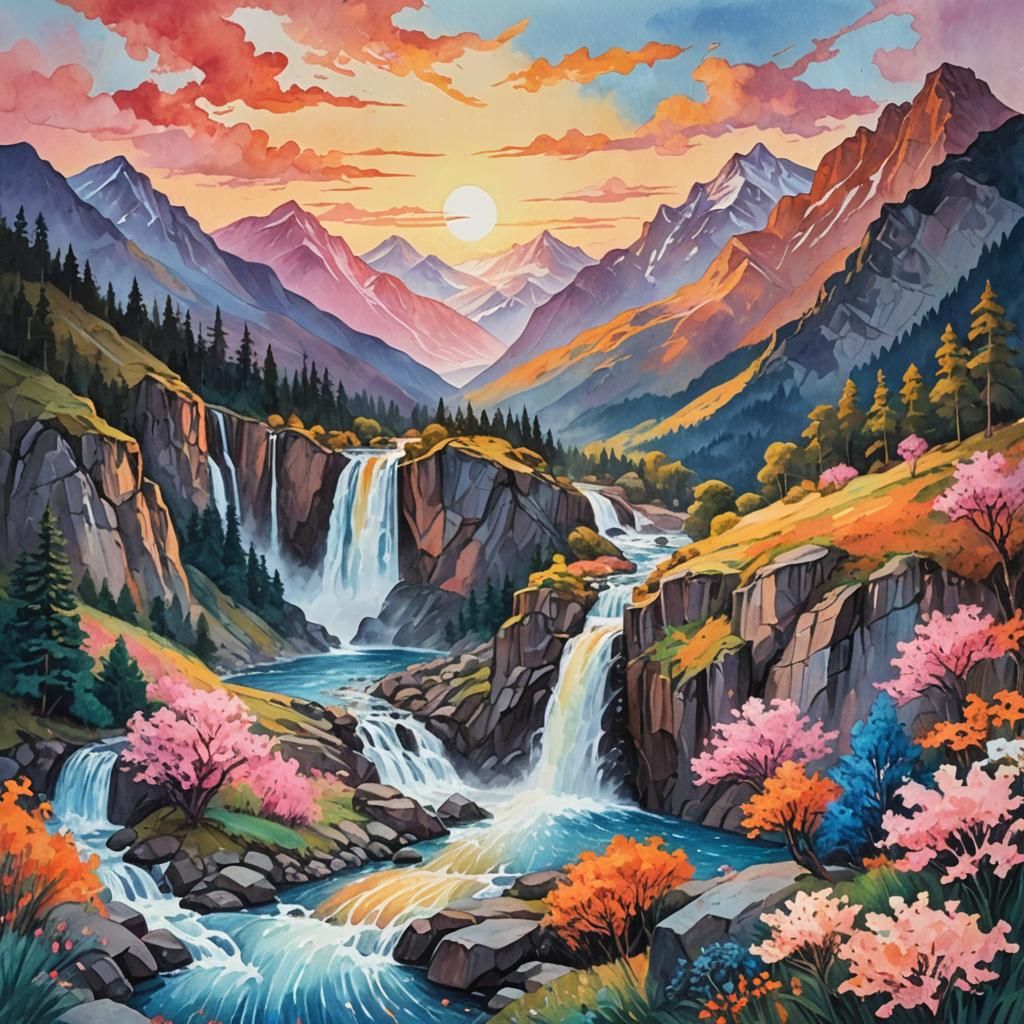 Impressionist Sunset Waterfall Gouache Painting