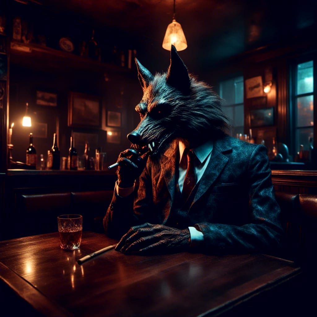 Werewolf in an armani suit smoking a cigarette sitting at a pub. Unreal Engine intricately detailed film noir hyperreali...