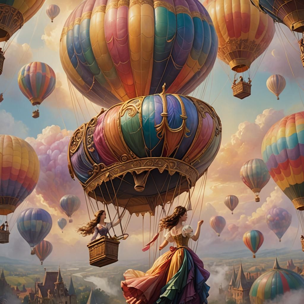 Women Dance Atop Hot Air Balloon: Art Nouveau Painting