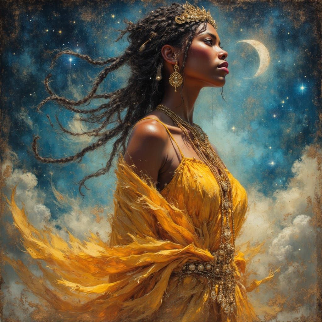 African Goddess in Starlight Robes, Oil Painting Style