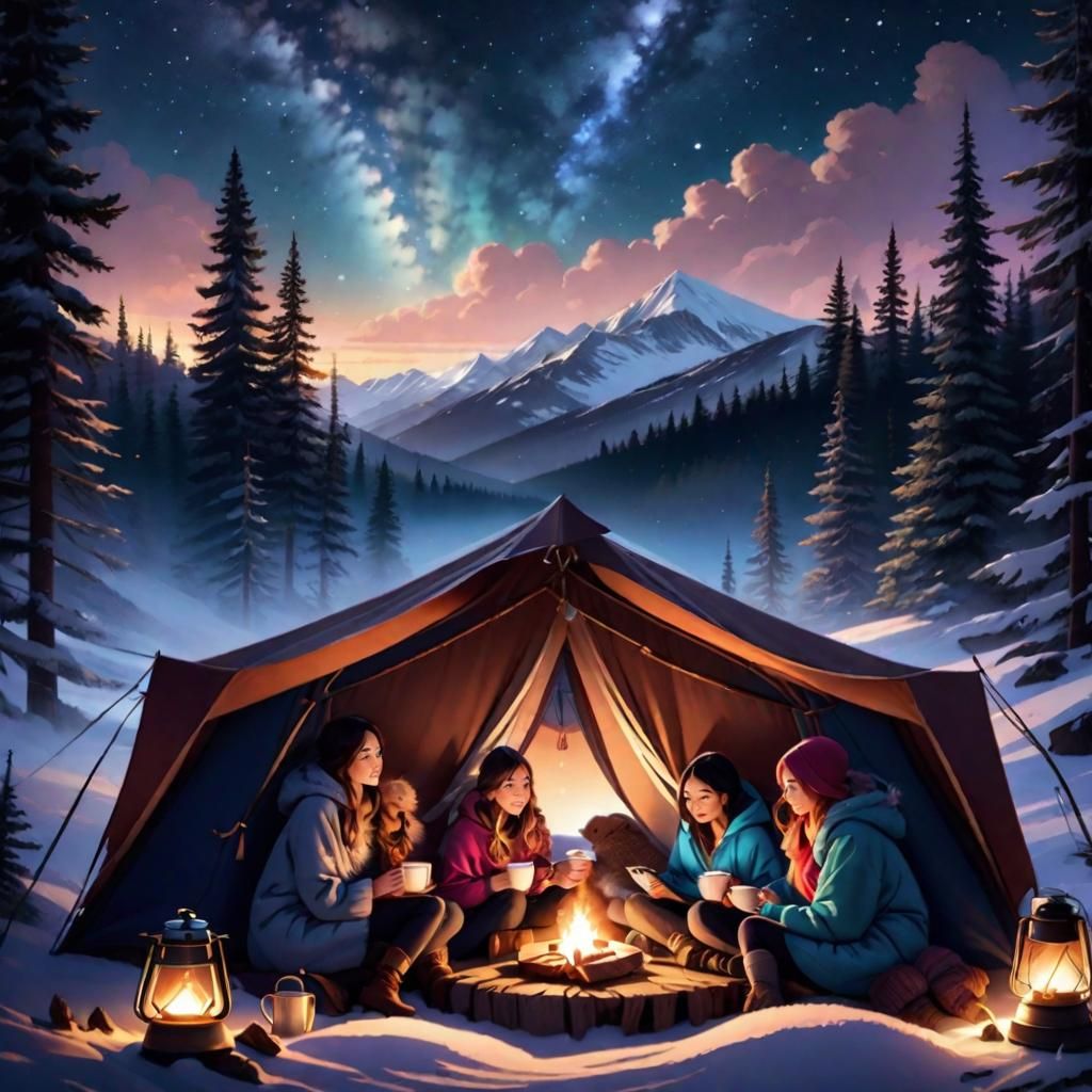 Girls Camping Under the Stars at Night