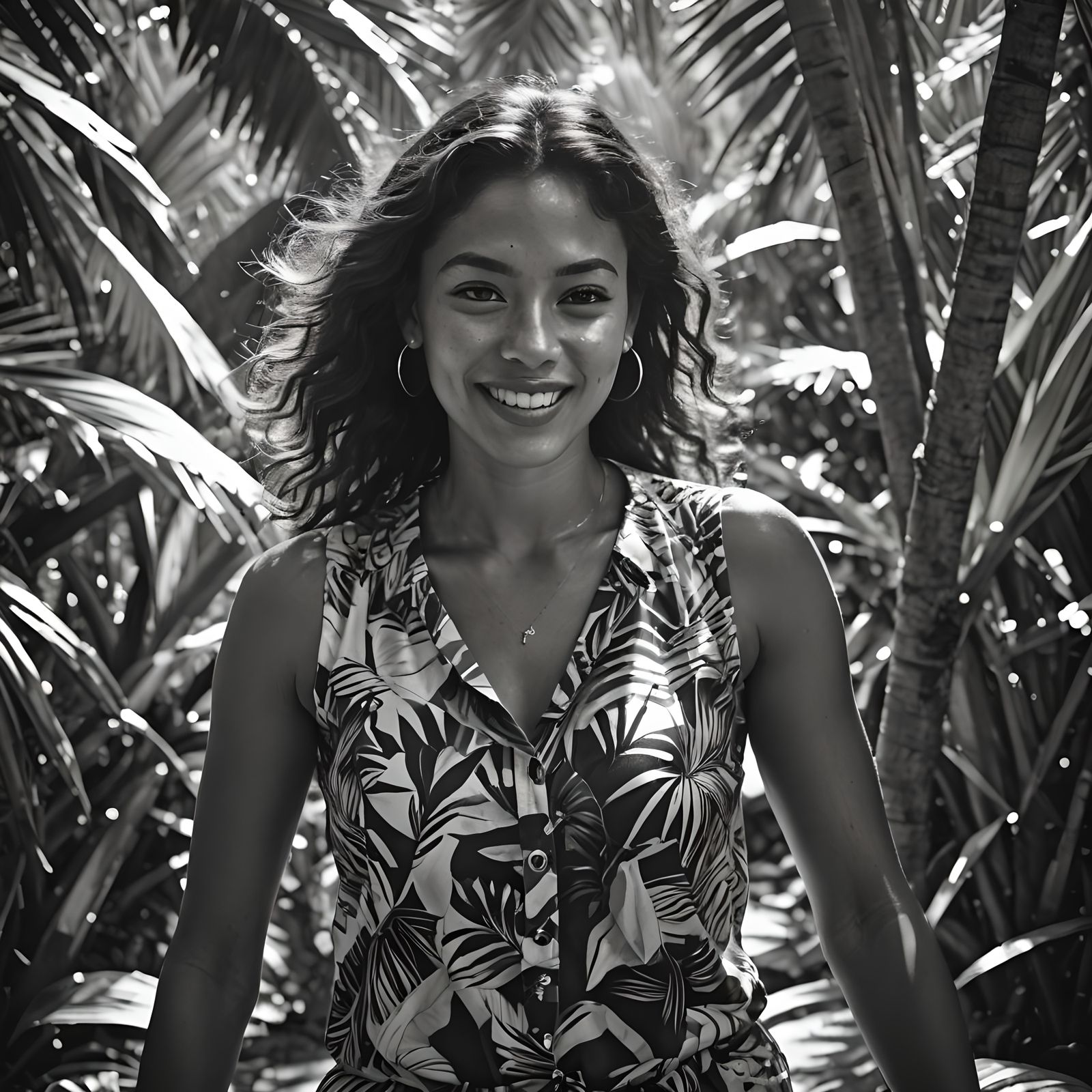 Synthography Portrait: Beautiful Woman in Tropical Shadows