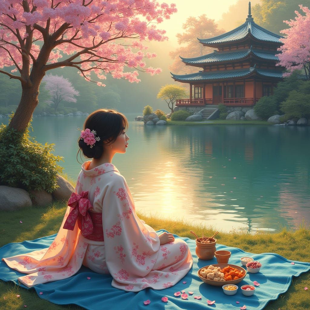 Golden Hour Serenity: A Woman's Peaceful Picnic Amidst Cherr...