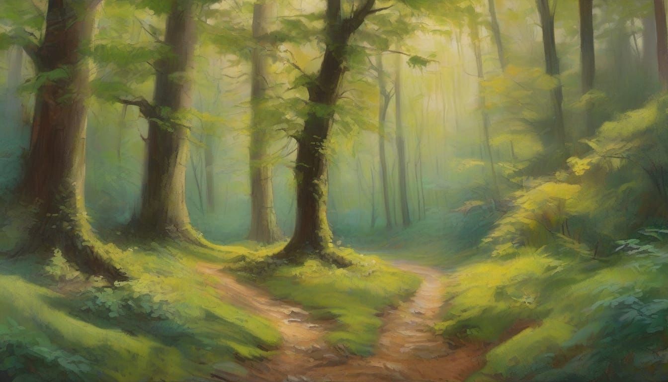 Impressionist Forest Path Gouache Painting