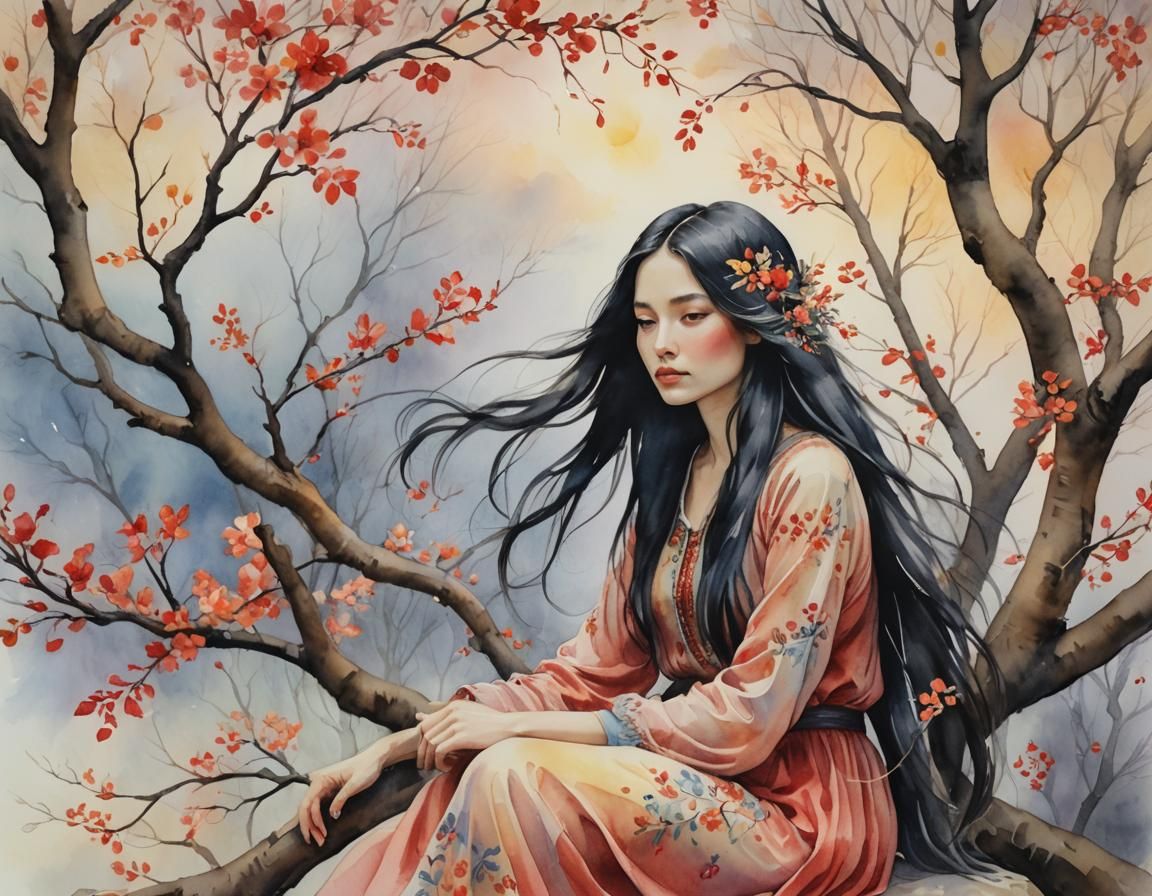 Ethereal Woman on Branch: A Vintage Watercolor Painting