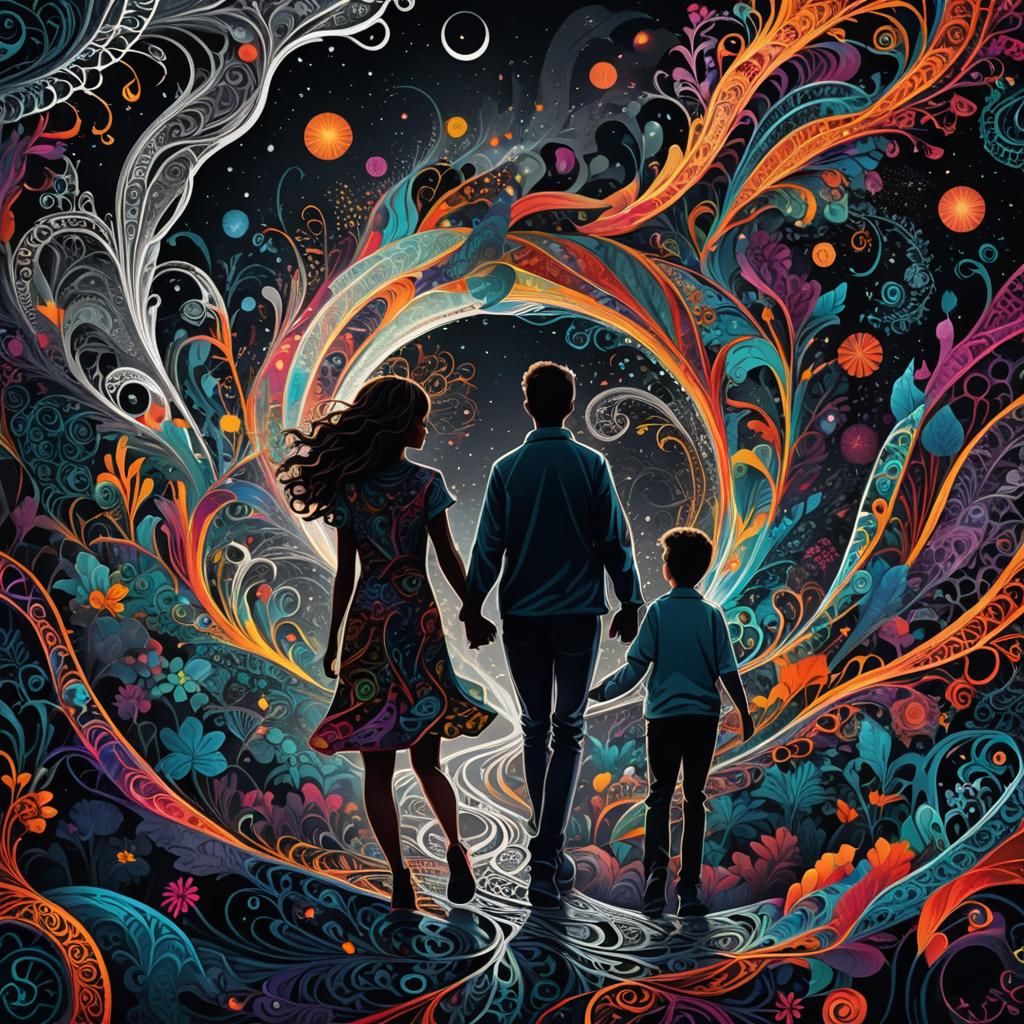 Couple Embraces Darkness in Zentangle Fractal Art