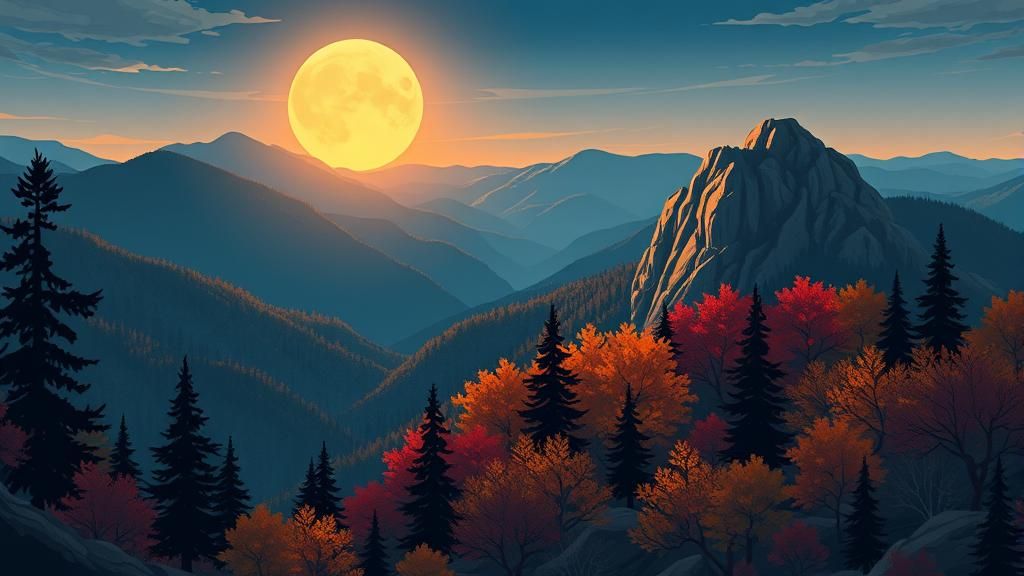 Anime Moonrise Over Appalachian Autumn Landscape