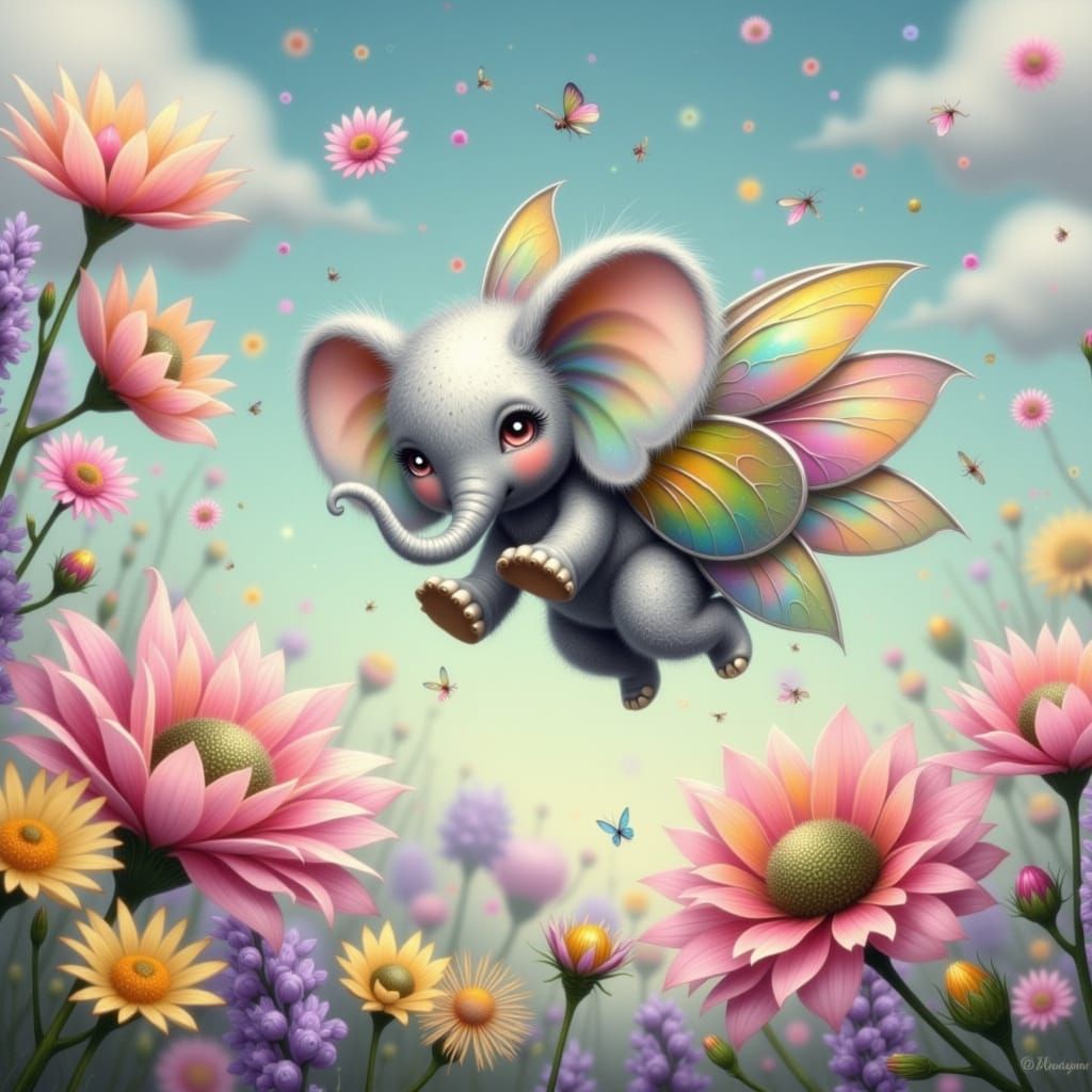 Whimsical Fairy Punk Elephants in a Vibrant Floral Wonderlan...