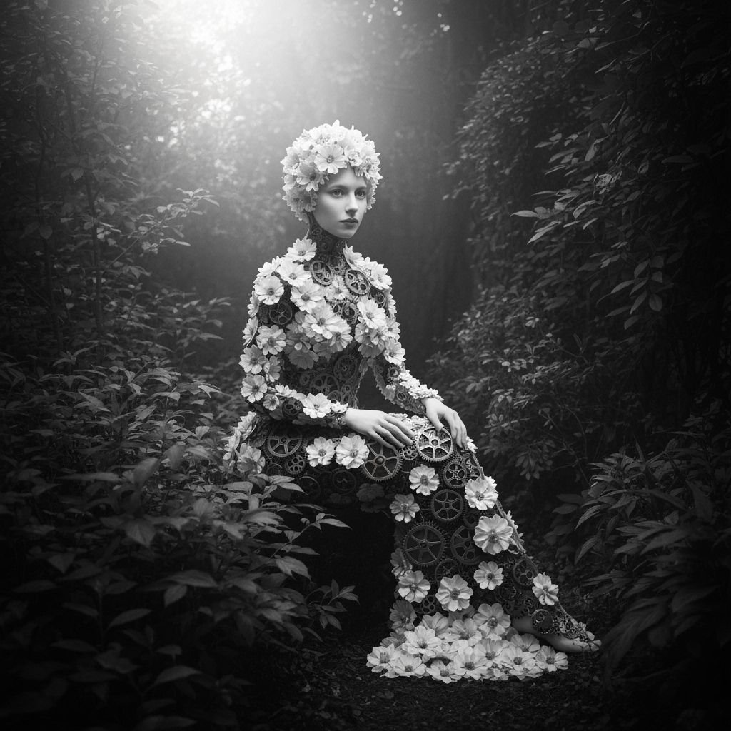 Monochrome Woman of Flowers and Gears in Garden