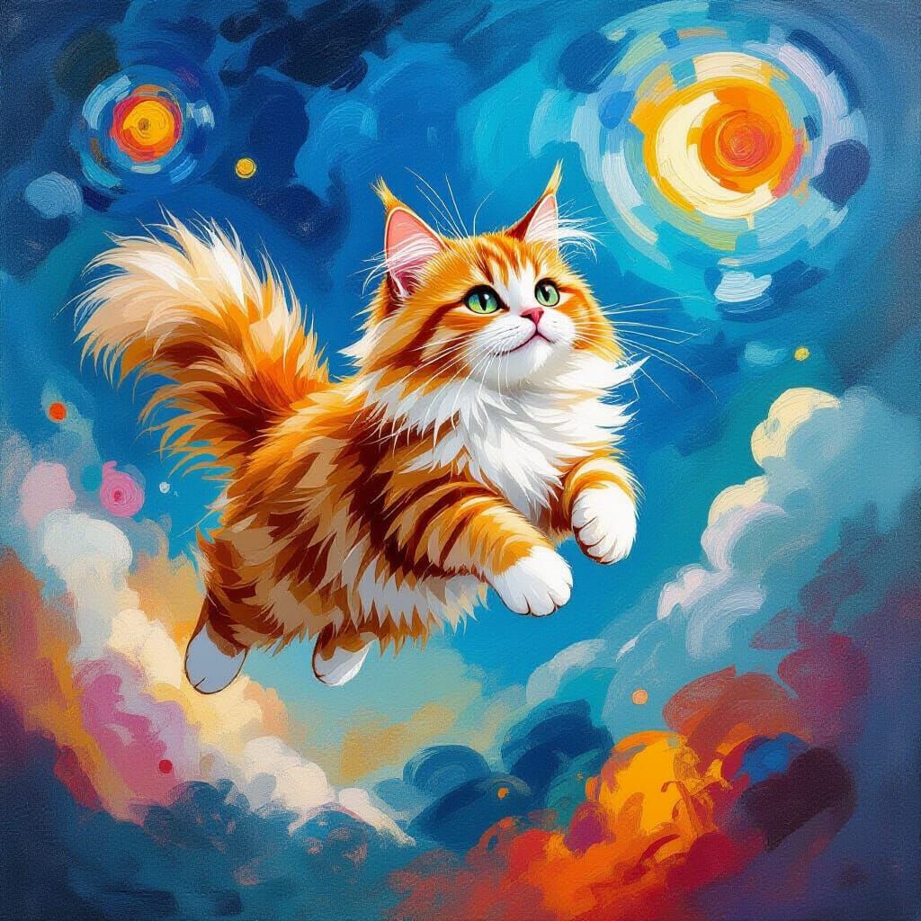 Ginger Cat Soaring Through Abstract Sky