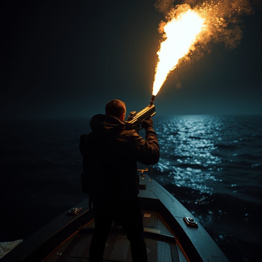 Flare Gun Illuminates Dark Sea: Hyper-Realistic Image