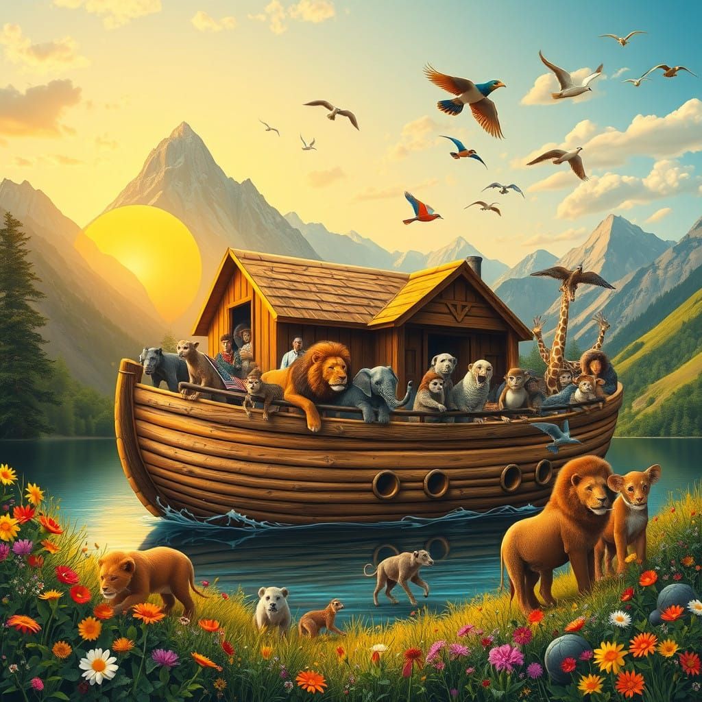 Majestic Wooden Ark at Sunset, Whimsical Woodland Scene