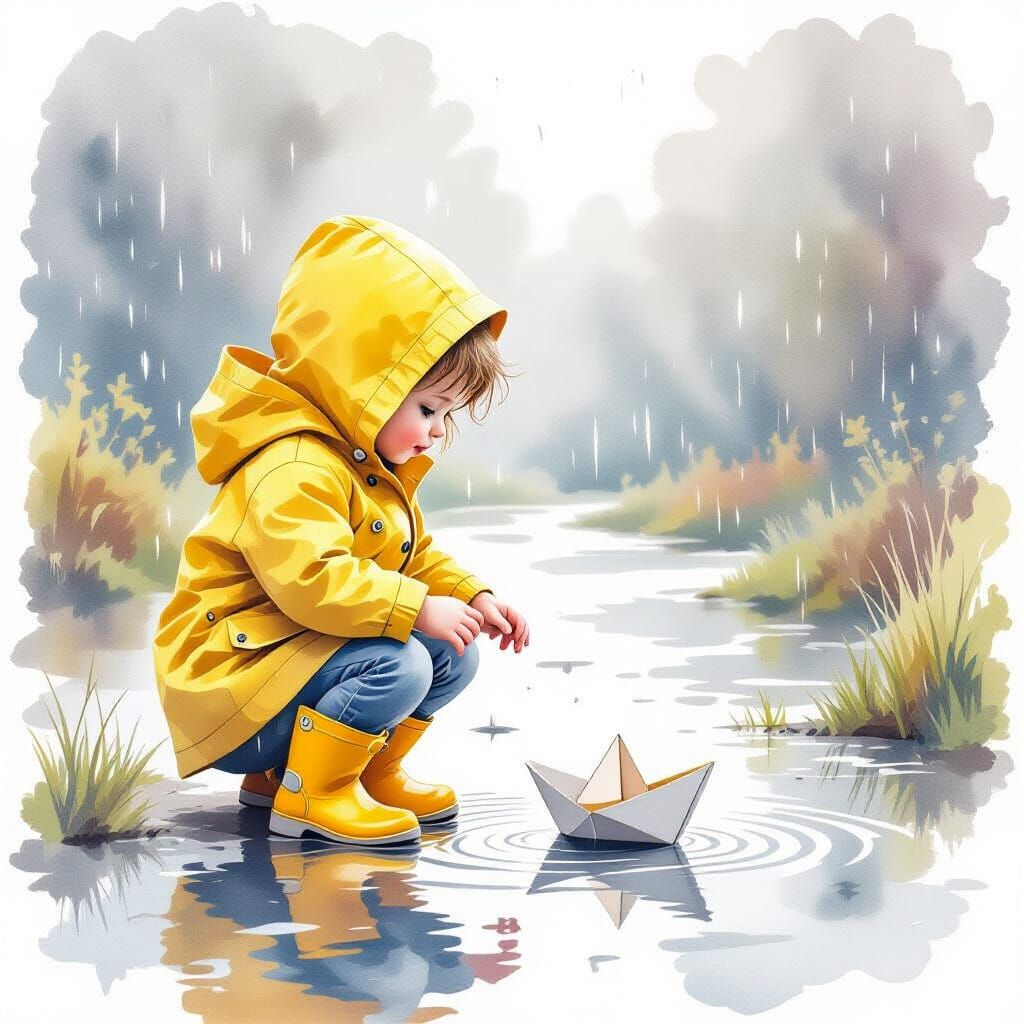 Toddler's Rainy Day Paper Boat in Watercolor Style