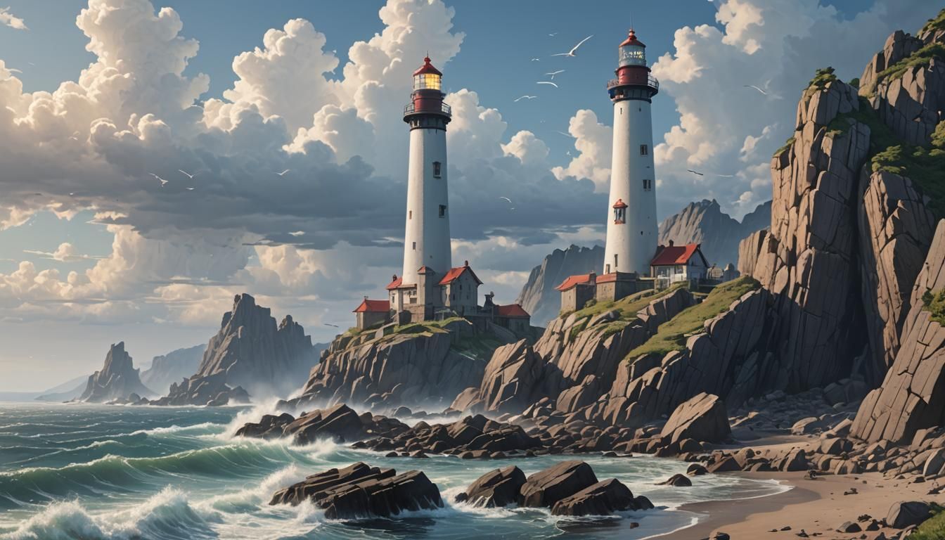 Massive Lighthouses on Rocky Shore: 3D Anime Art