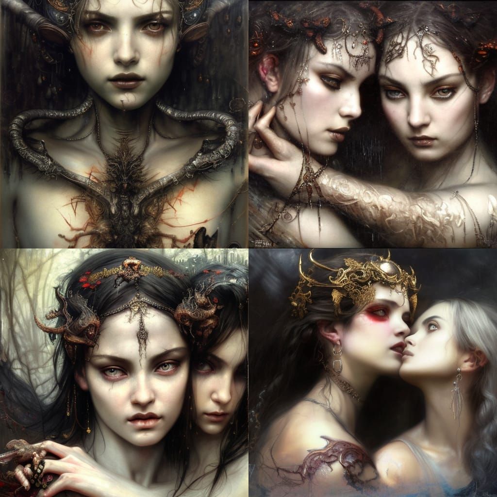 Ornate Portrait of Embracing Female Demons