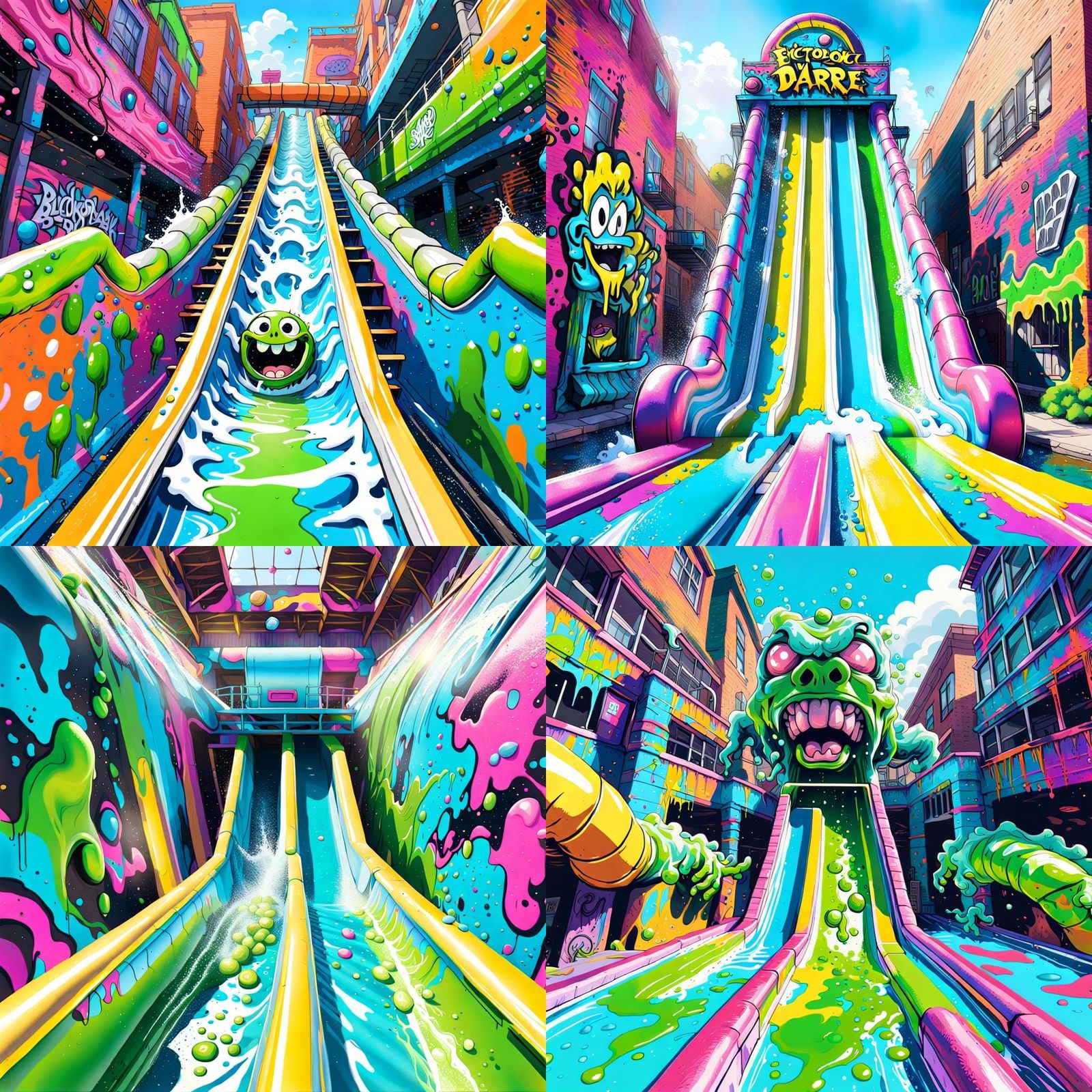 First person view of Sliding down a water slide filled with ectoplasm after getting slimed on the Nickelodeon game show ...