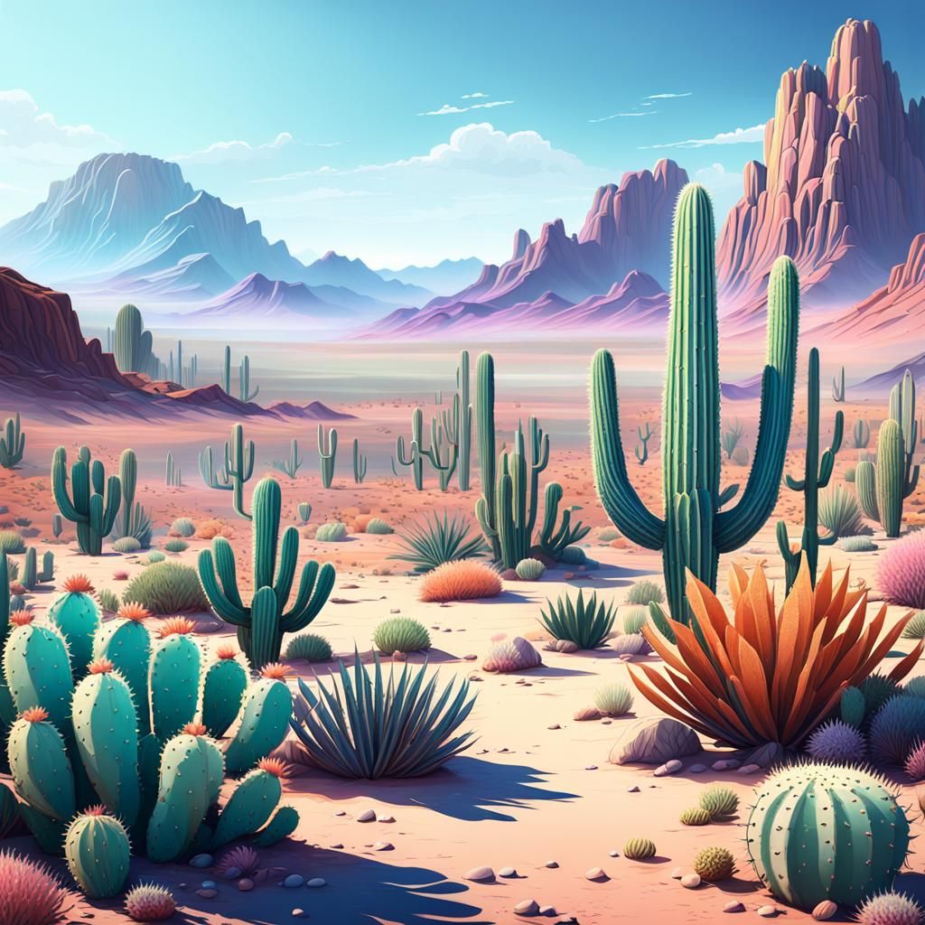 Pastel Desert Landscape with Cactus and Mountains
