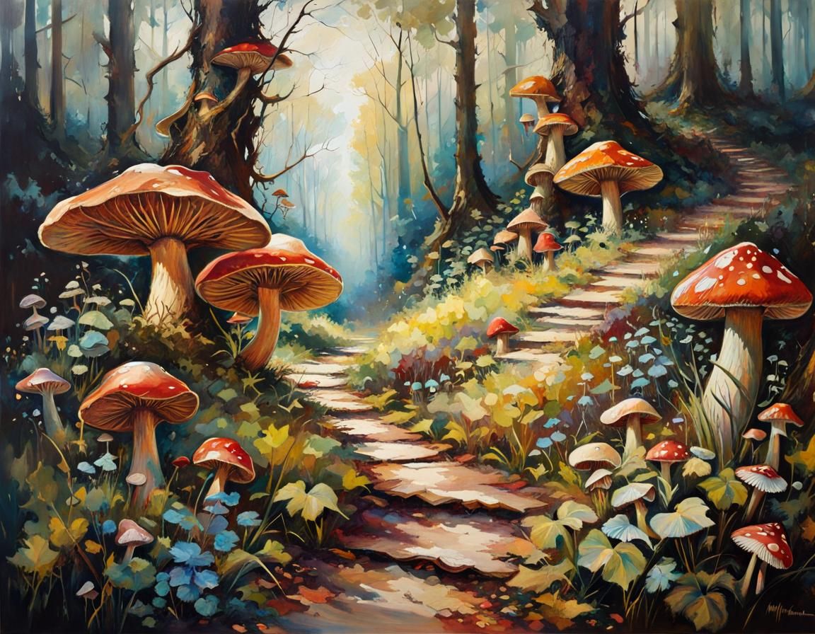 Enchanted Mushroom Forest Path Oil Painting