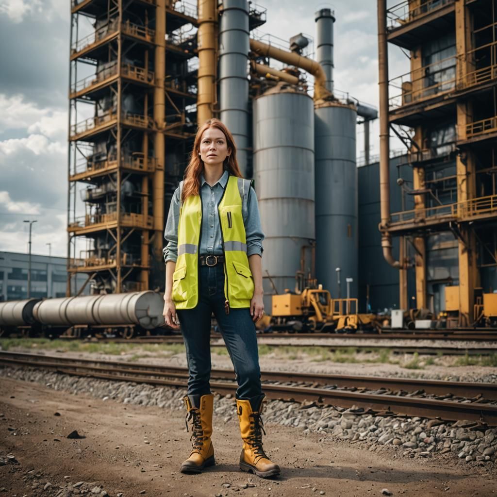 Woman in Yellow Vest: Solarpunk Industrial Scene