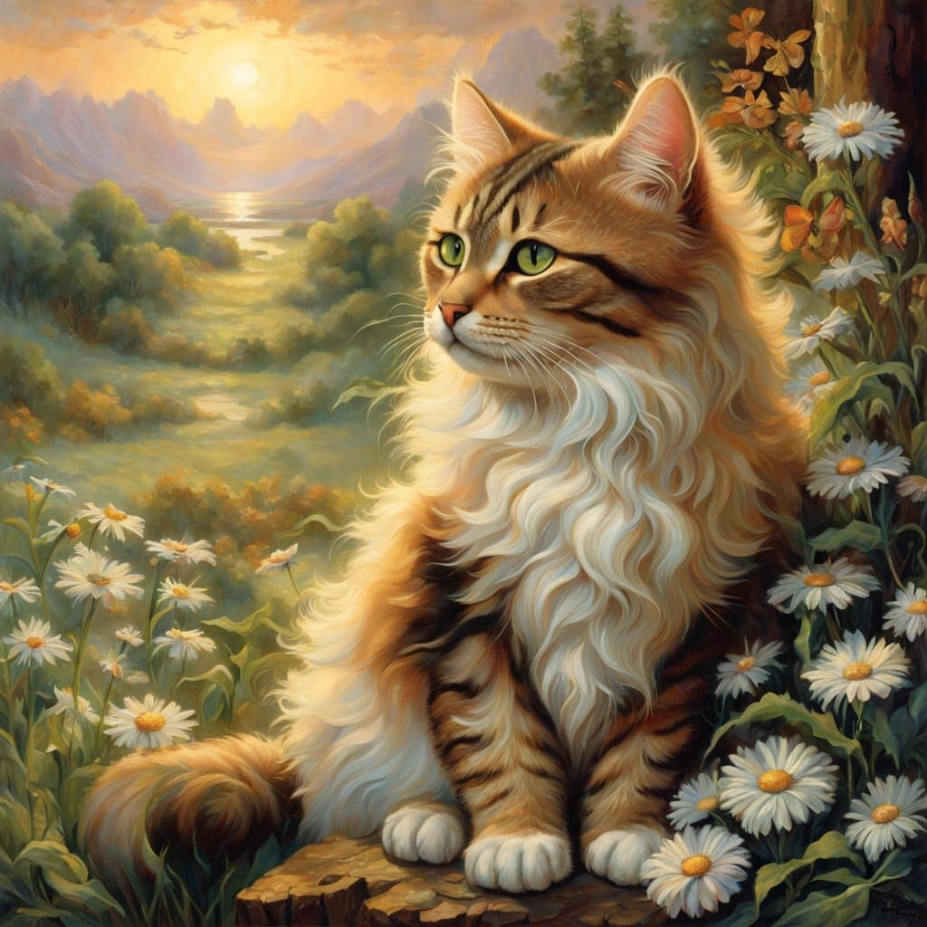 Gorgeous Feline Amidst Whimsical Summer Blooms in Warm Golde...