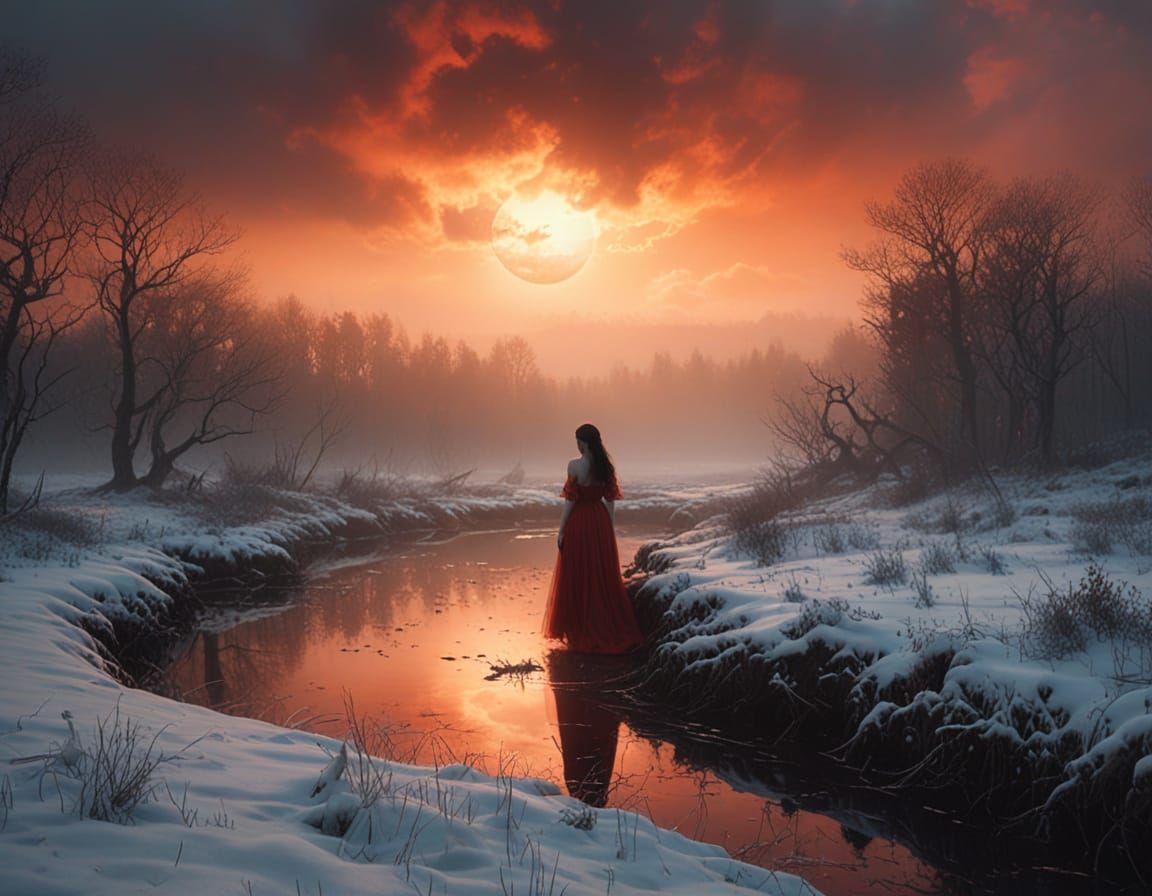 Ethereal Woman in a Gossamer Gown Amidst Glowing Mists