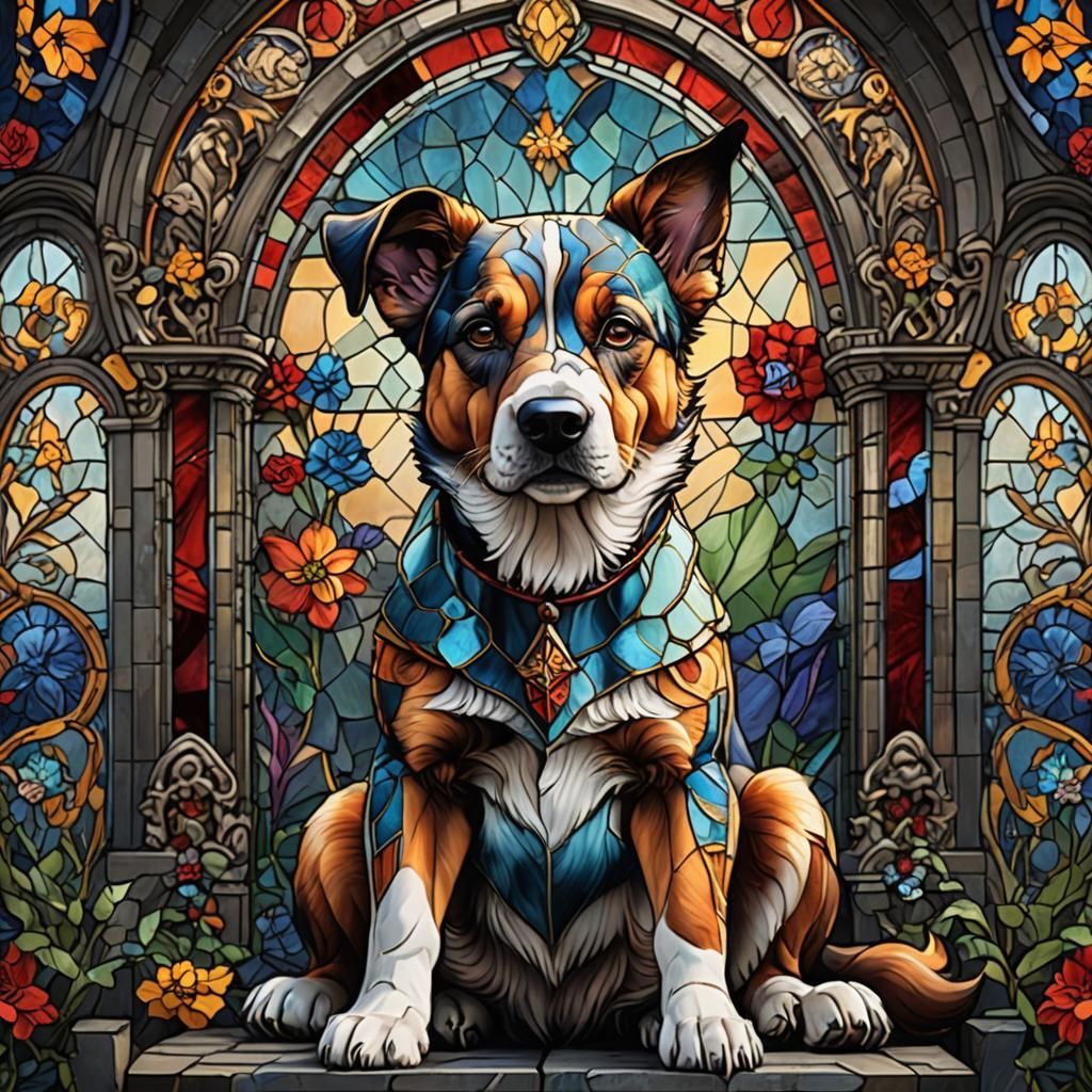 Stained Glass Dog: Detailed Fantasy Art