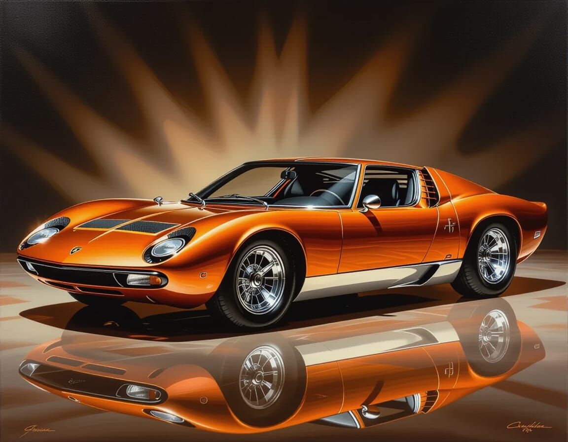 Hyperrealistic Copper Lamborghini Miura in Caravaggio Style