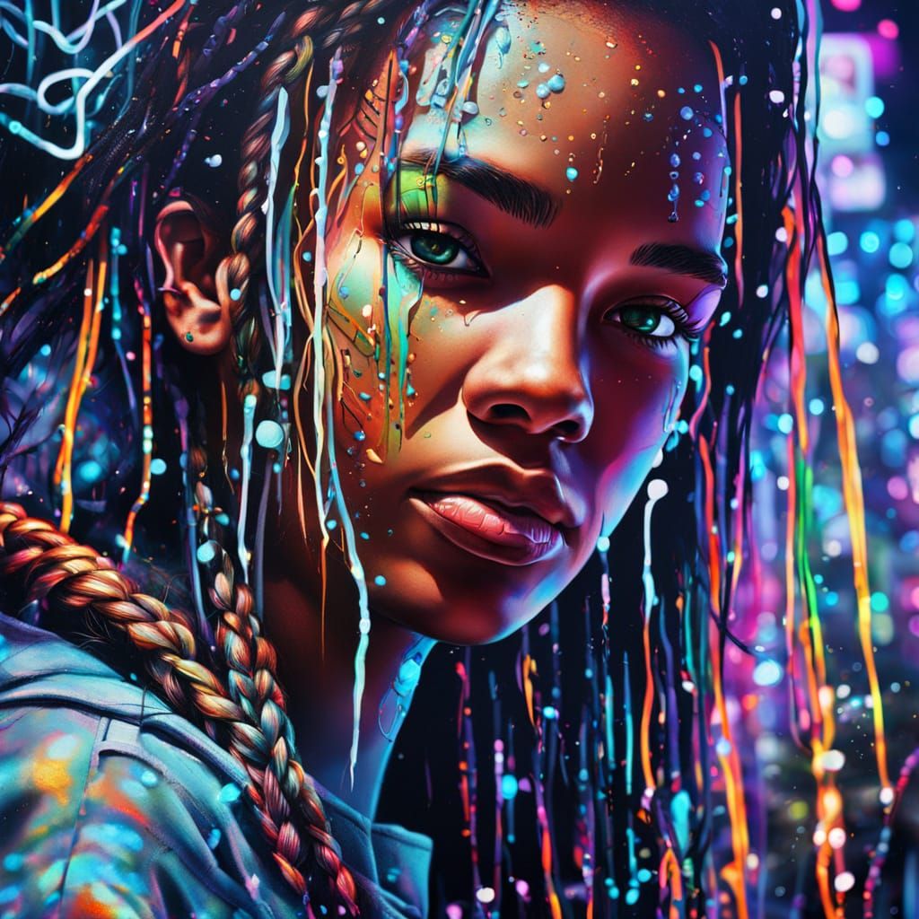 Vibrant Graffiti Art: Woman with Bioluminescent Braids