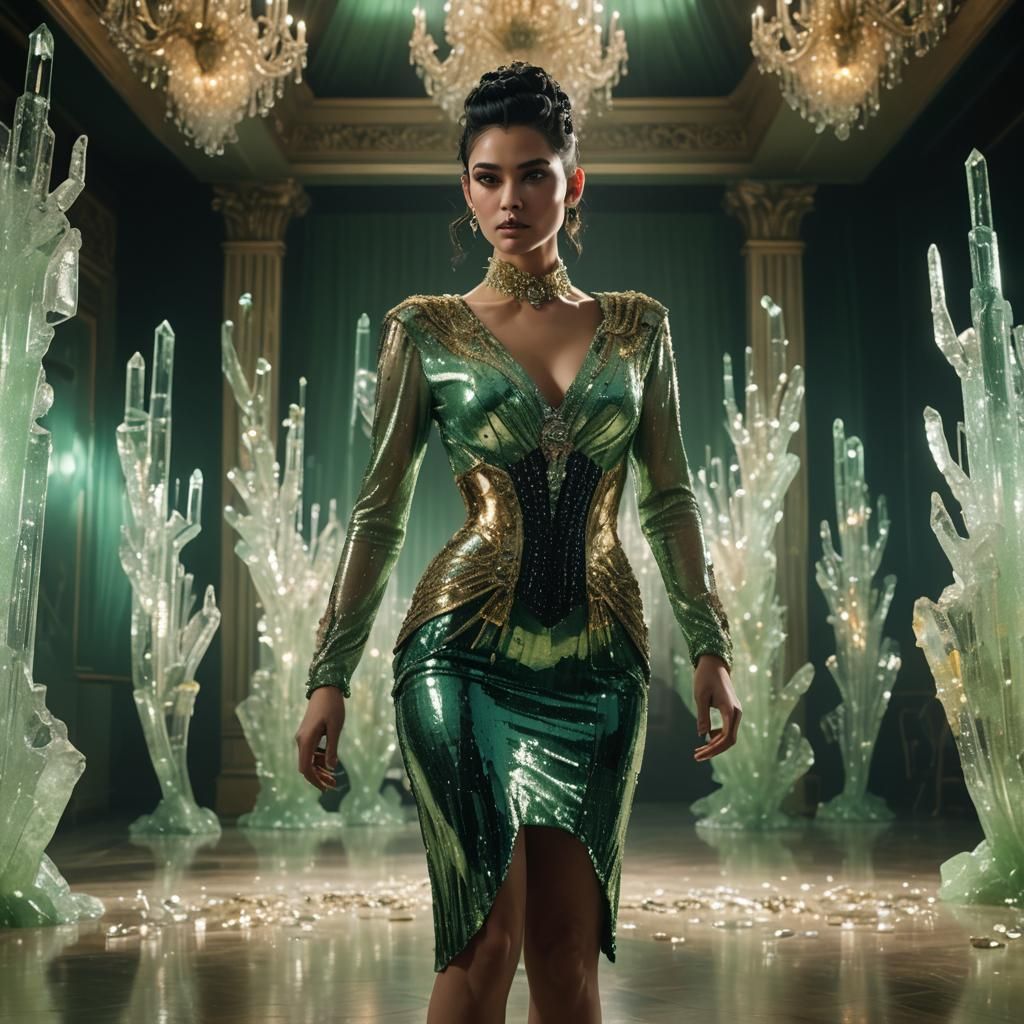 Woman in Crystalline Dress in Ballroom, Hyper-Realistic Phot...