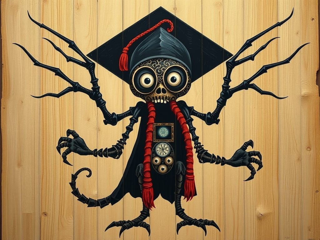 Warli painting wood of a graduation monster. Baroque. Mary Beale. H.R. Giger.