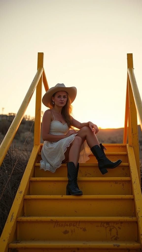 Sci-Fi Cowgirl on Yellow Steps at Golden Hour
