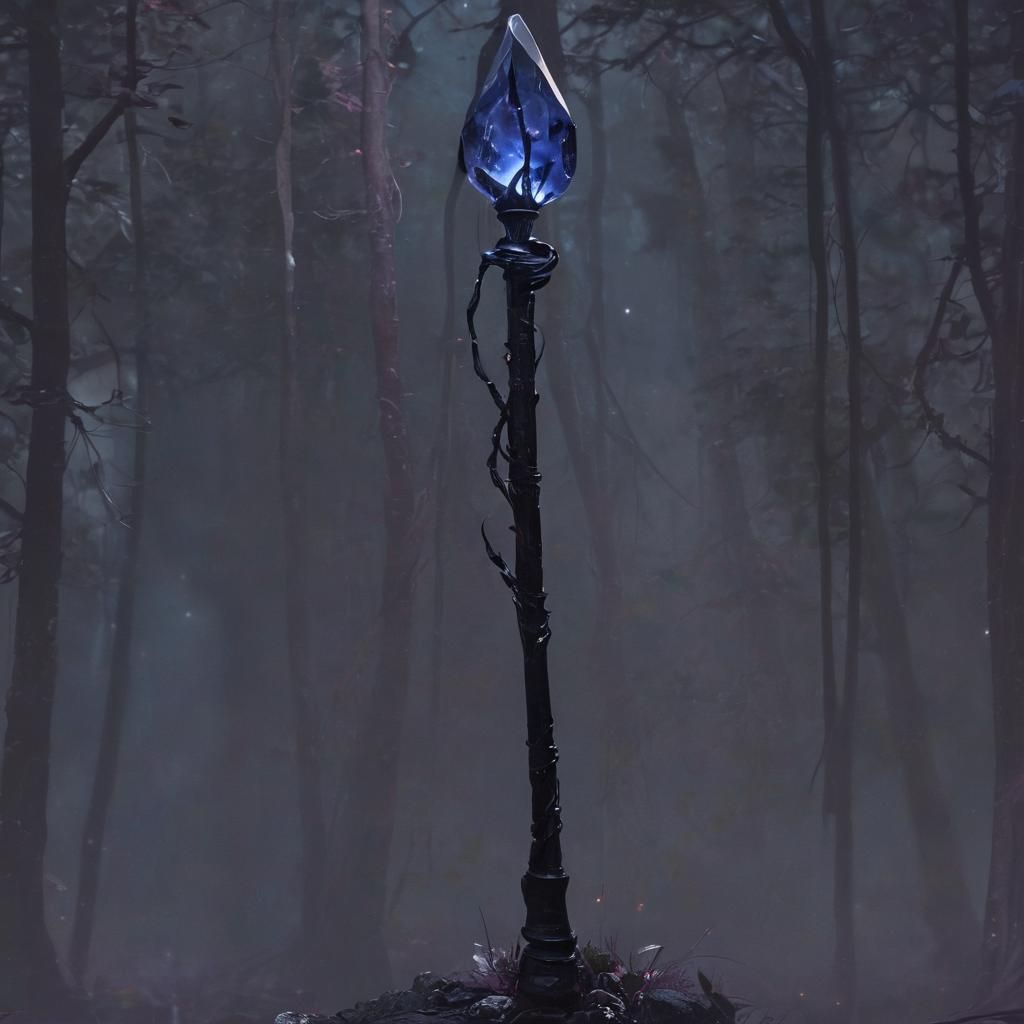 Obsidian Wand in Mystical Forest, Dark Fantasy Art