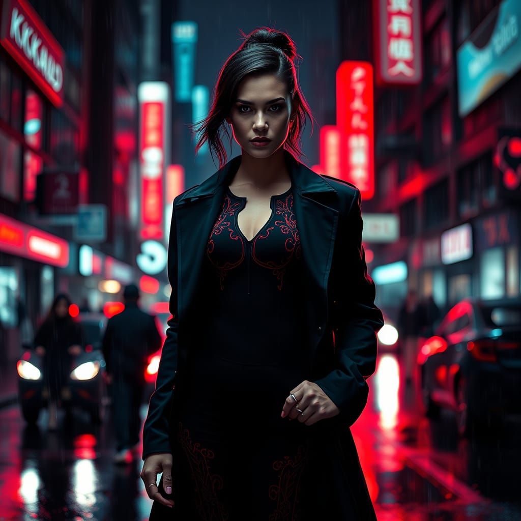 Futuristic Woman in Neon-Lit Cyberpunk Cityscape