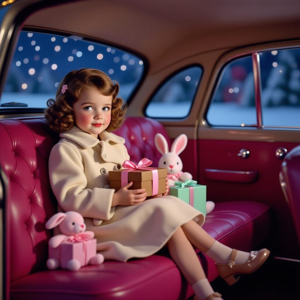 Vintage Flash Photo: Girl with Gift Box in Beige Car